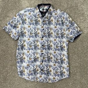 Soul of London Button Down Shirt Mens Medium White Blue Floral Short Sleeve Trim